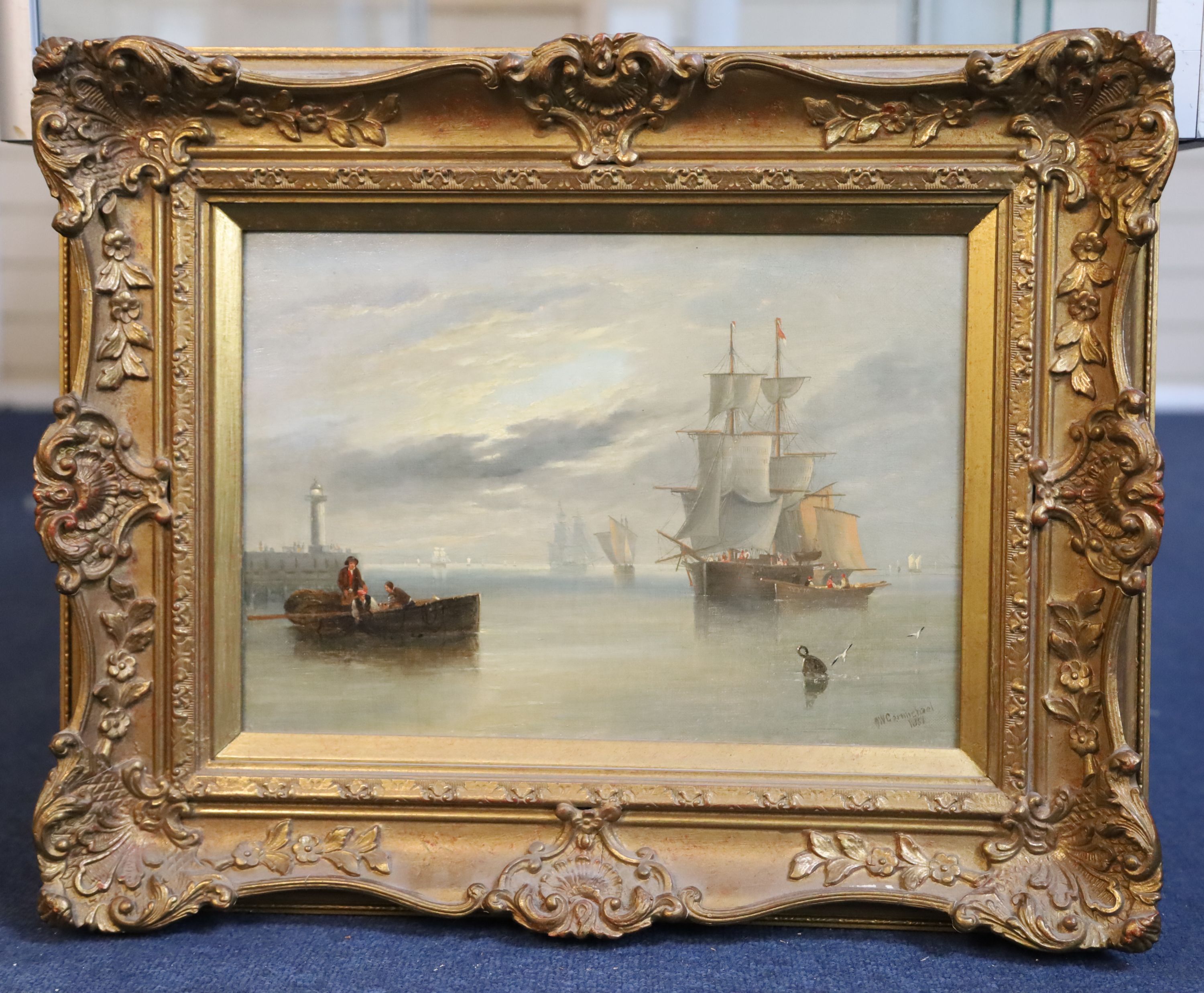 John Wilson Carmichael (1800-1868) Shipping in a calm at the entrance to Whitby harbour 10 x 14in.